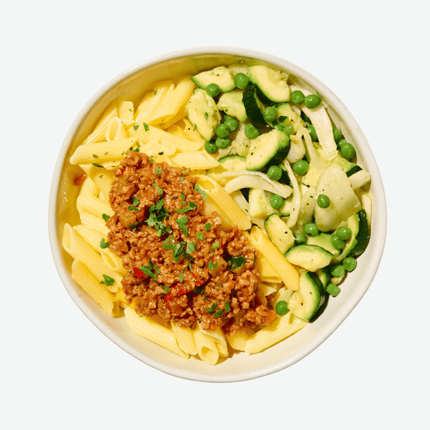 Penne Pasta with Ground Veggie Sausage
